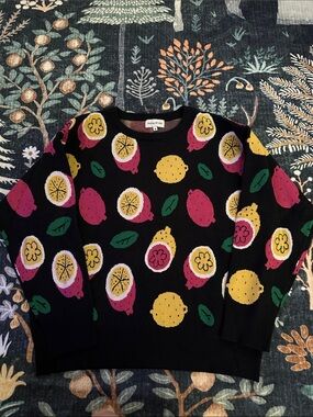 Pepaloves Black Fruit-Print Knit Sweater - Pink, Yellow, Green